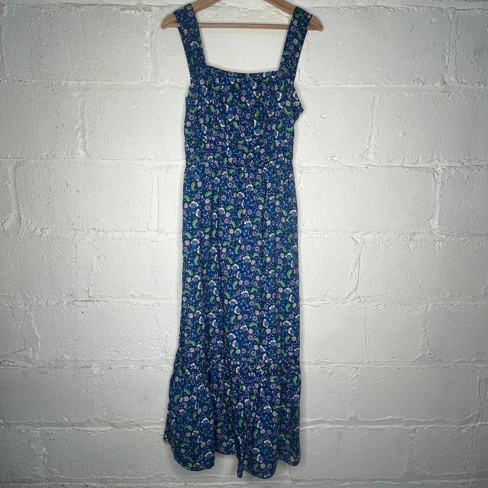 Loft Women's Blue Floral Shirred Flounce Maxi‎ Dress Cotton Modal Size Small